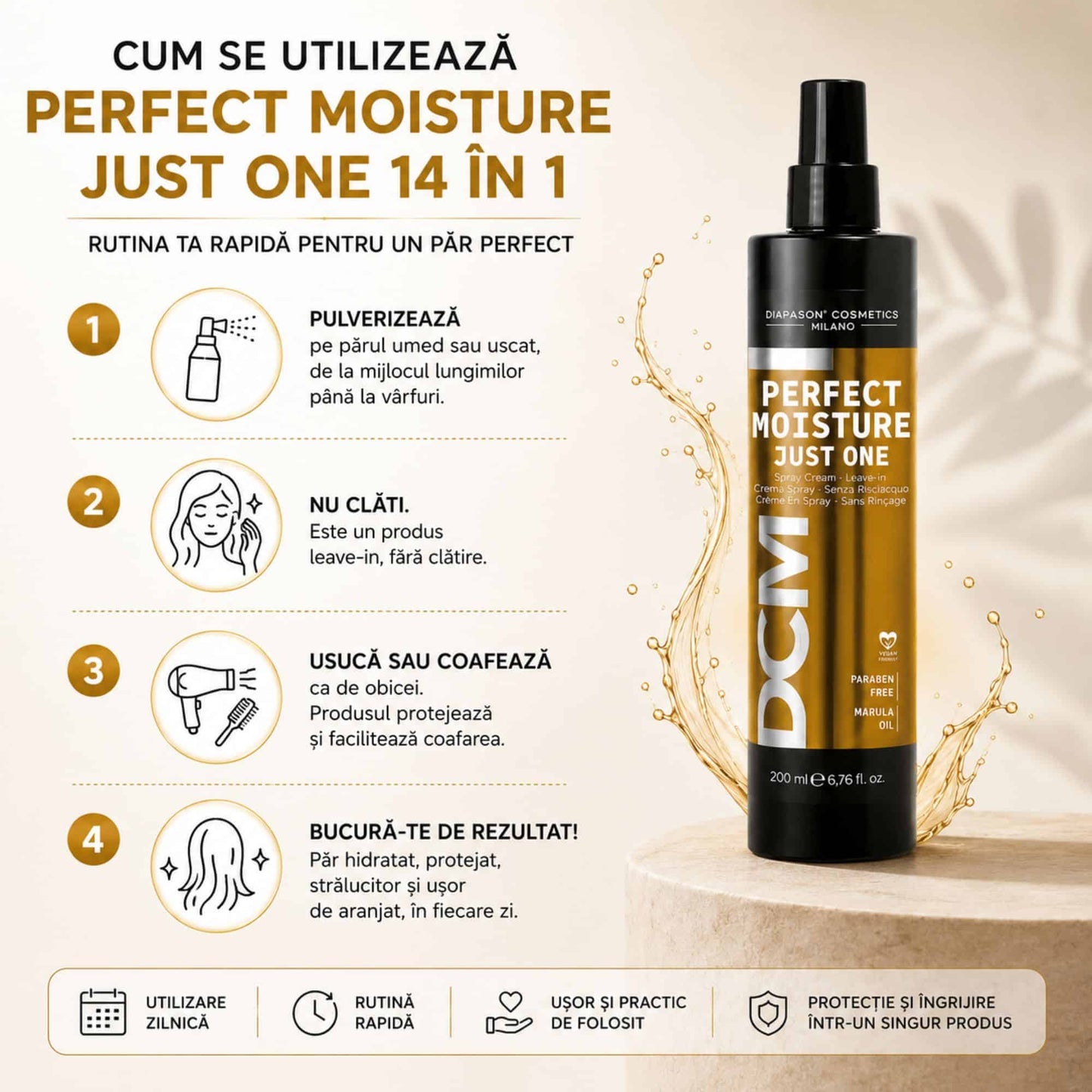 Spray Profesional 14 în 1 fără Clătire pentru Păr Uscat și Deteriorat, Just One Moisture, Diapason Milano, 200 ml