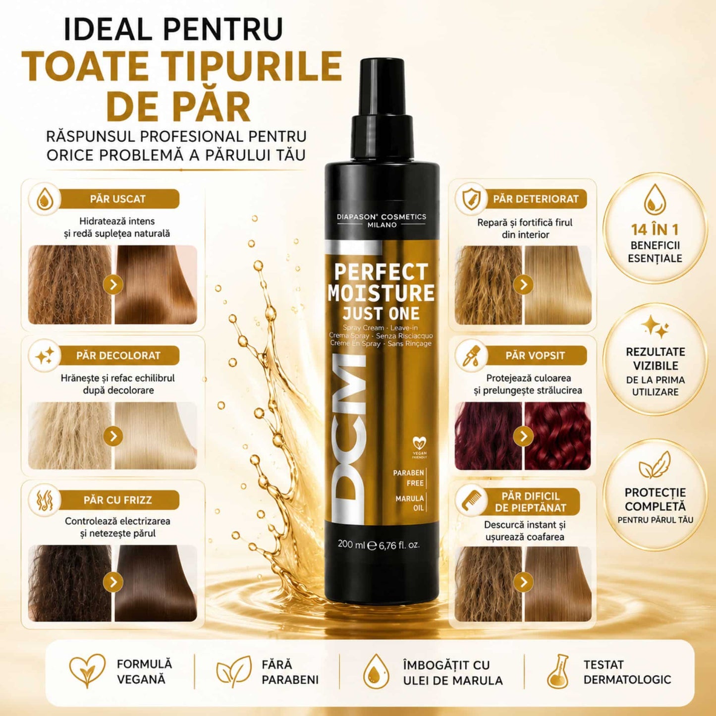 Spray Profesional 14 în 1 fără Clătire pentru Păr Uscat și Deteriorat, Just One Moisture, Diapason Milano, 200 ml